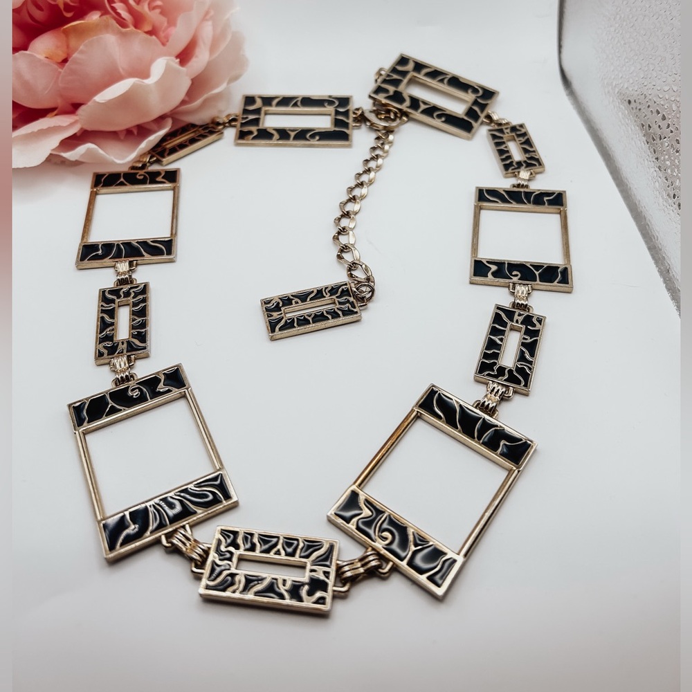 Black Enamel Geometric Rectangle Statement Necklace Gold Tone Adjustable 37”